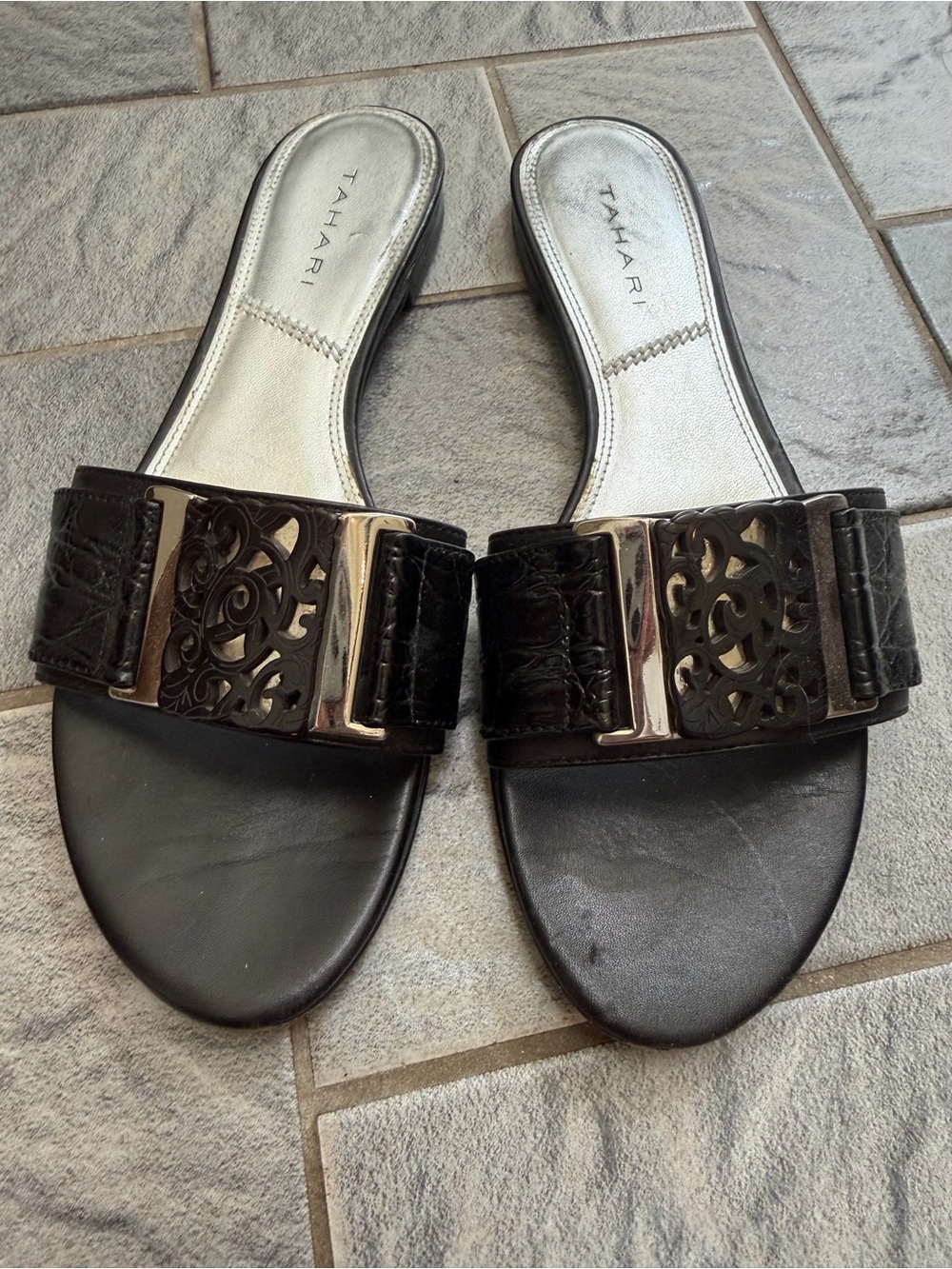 Tahari “Peter” Black Leather Slide/ Mule Sandal with Silver & Filigree Accent